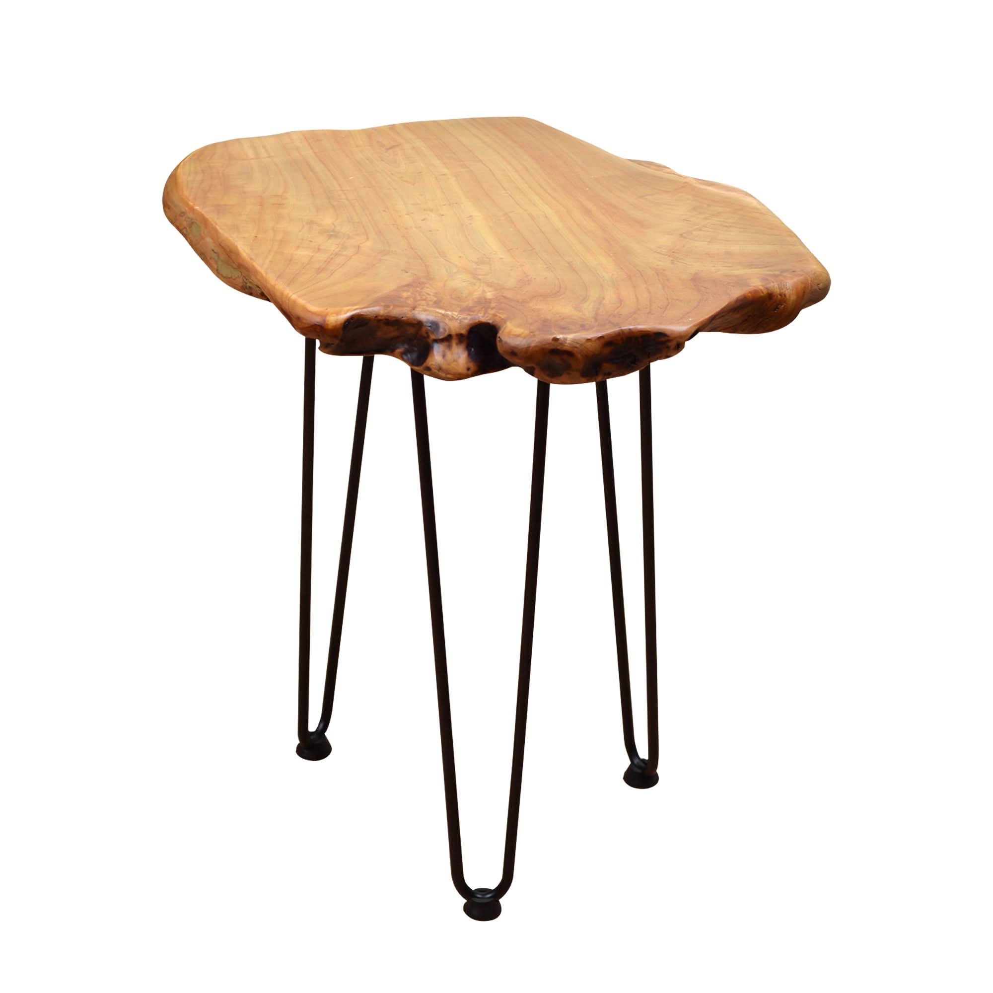 Hand made natural edge solid wood side table by Blak Hom with dark metal hairpin legs.